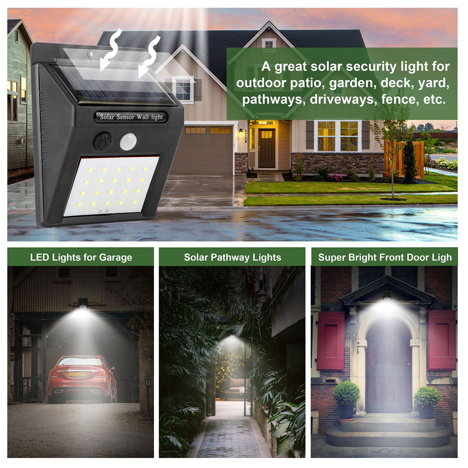 1Pc Solar Light 20 LEDs Outdoor PIR Motion Sensor Lights IP65 Waterproof 120 Degree Sensing Wide Angle Lighting For Garage Front Door Garden Pathway - Gardenora