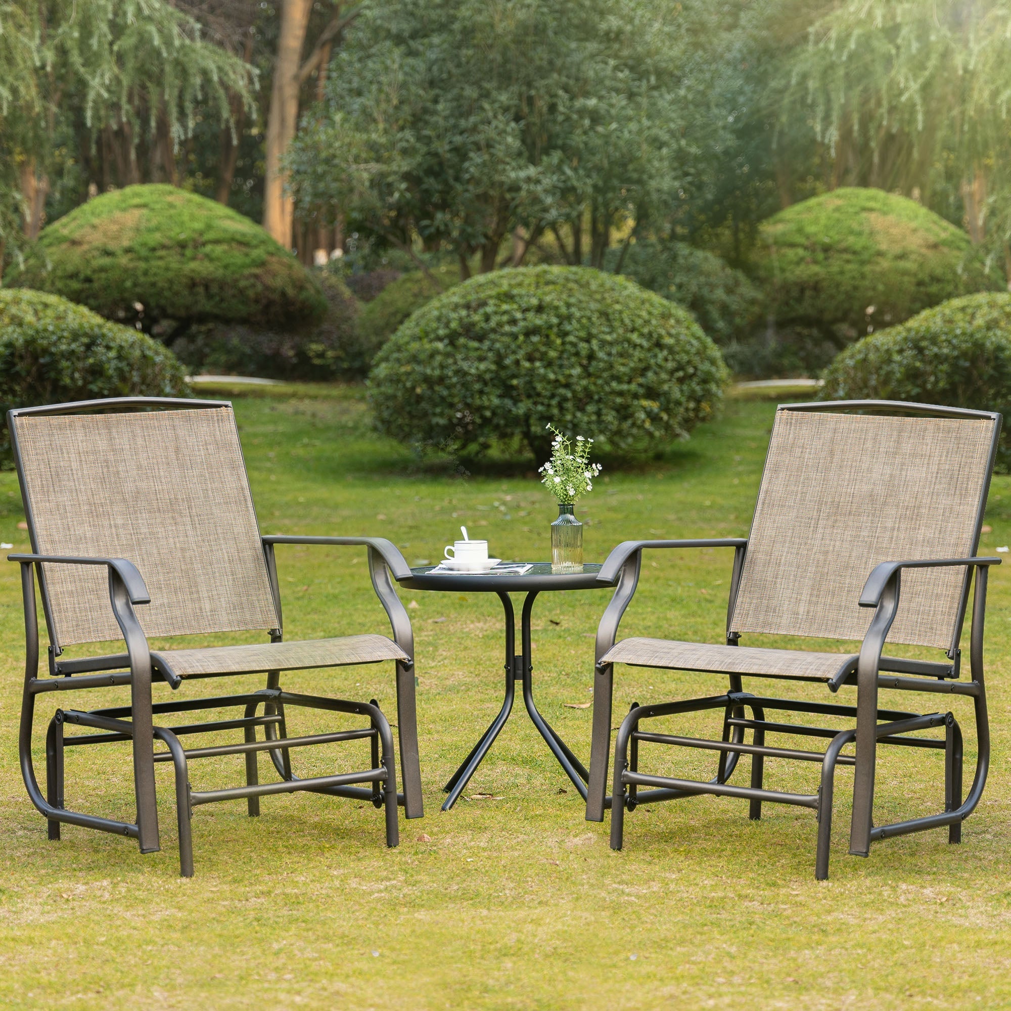 2 Piece Glider Set, Outdoor Swing Chairs, Patio Rocking Armchairs With Breathable Mesh Fabric, Steel Frame For Garden, Backyard, Patio, Dark, Brown/Khaki - Gardenora