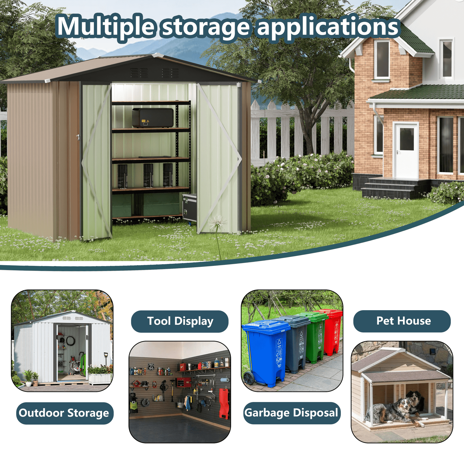 8FT X 6FT Garden Shed With Apex Roof For Patio Backyard Use Galvanized Steel Metal Sheds Storage House - Gardenora