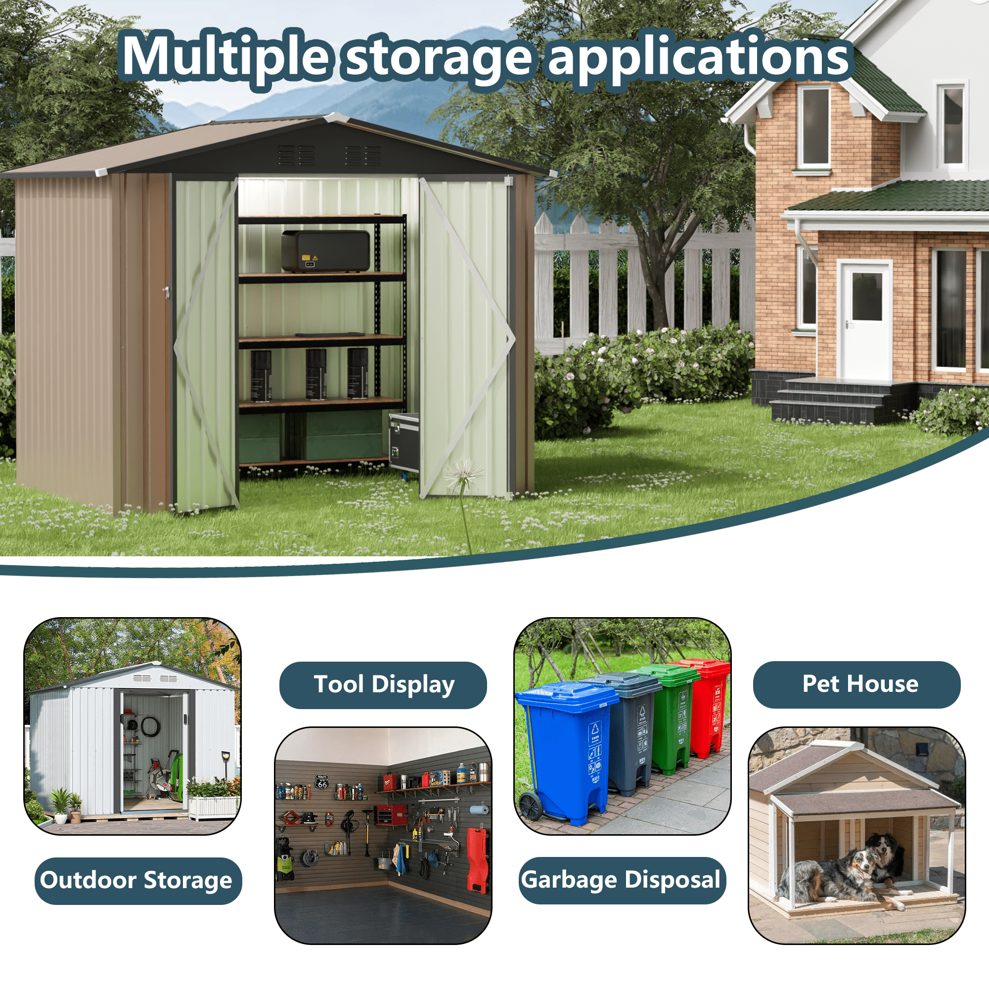 8FT X 6FT Garden Shed With Apex Roof For Patio Backyard Use Galvanized Steel Metal Sheds Storage House - Gardenora