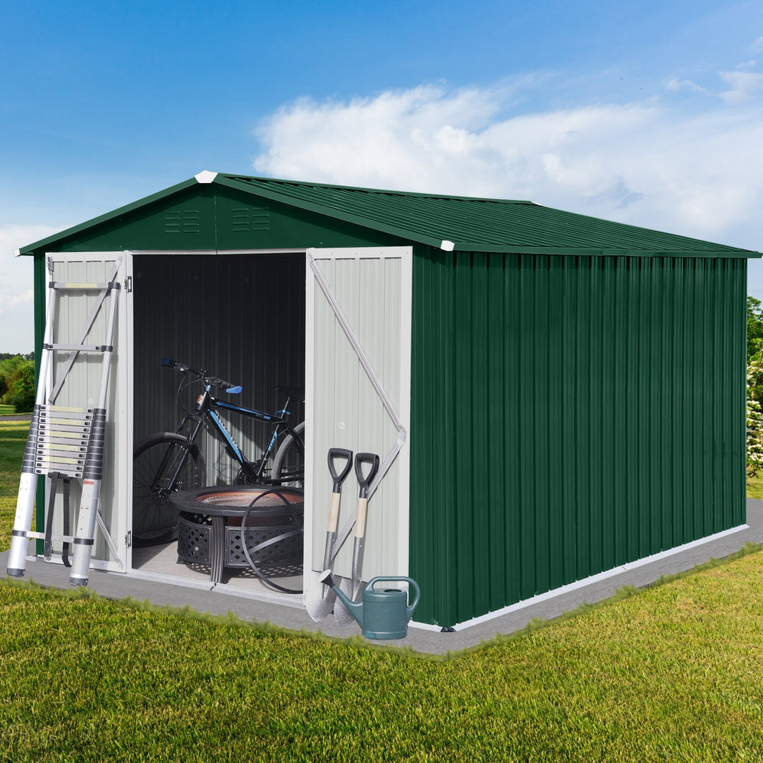 8x10 Ft Metal Garden Sheds Outdoor Storage Sheds Green White - Gardenora