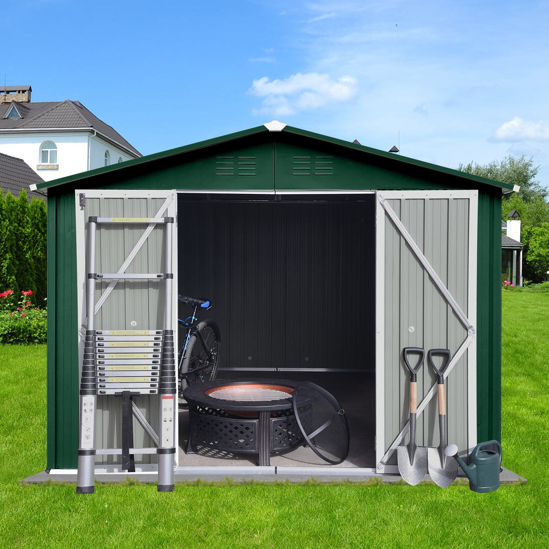 8x10 Ft Metal Garden Sheds Outdoor Storage Sheds Green White - Gardenora