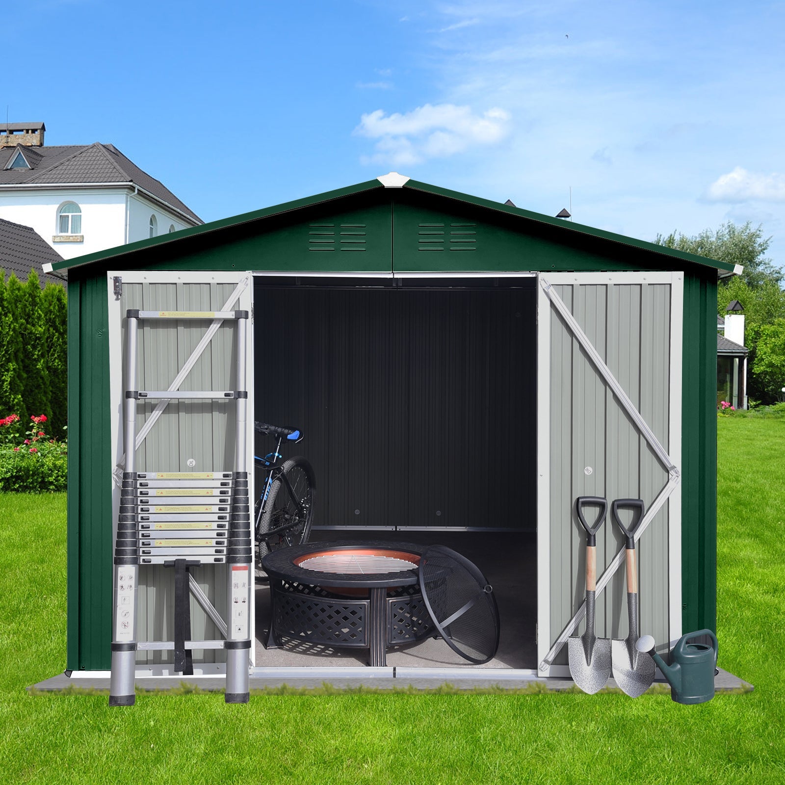 8x10 Ft Metal Garden Sheds Outdoor Storage Sheds Green White - Gardenora