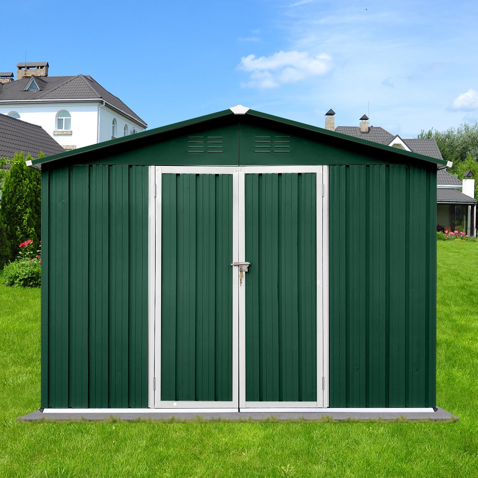 8x10 Ft Metal Garden Sheds Outdoor Storage Sheds Green White - Gardenora