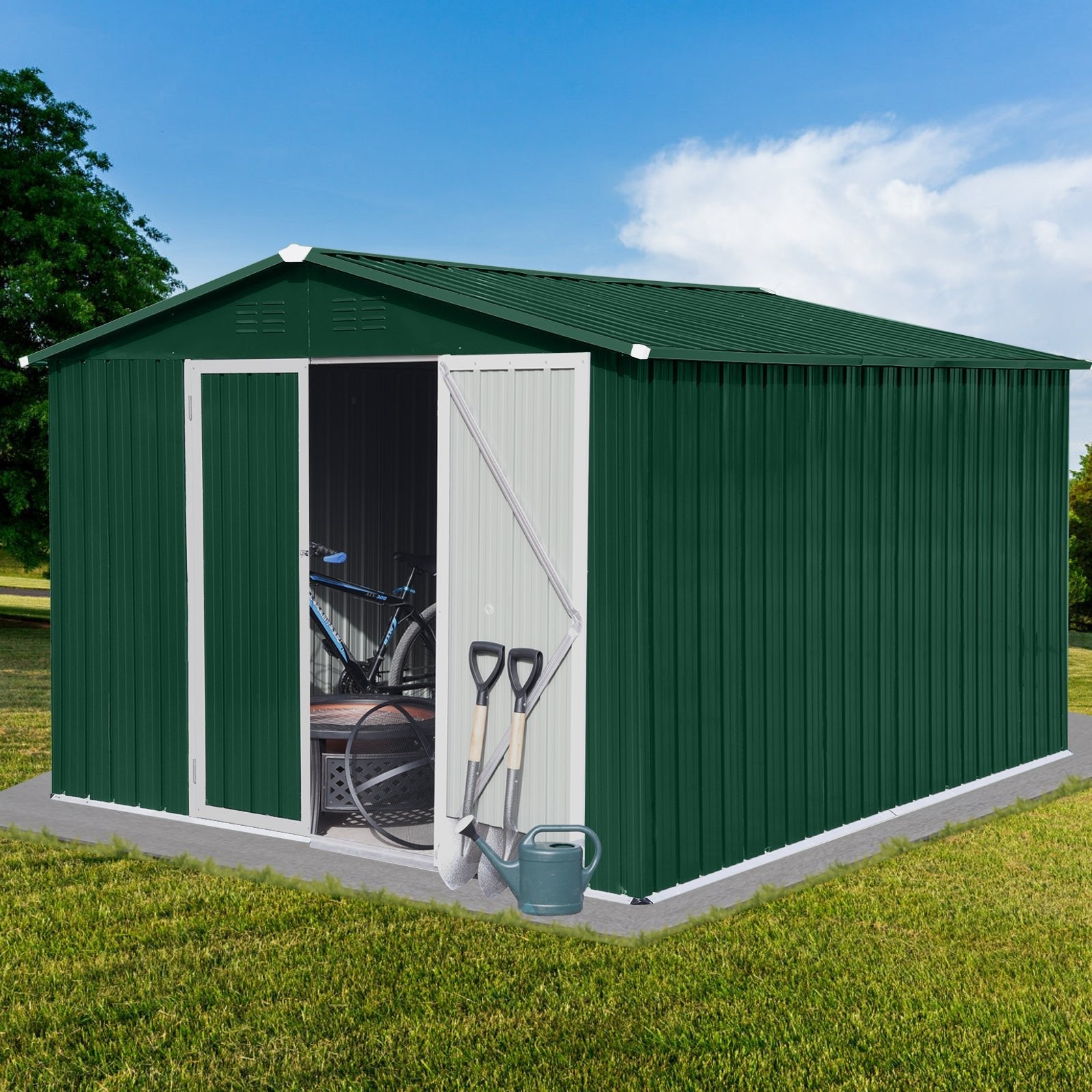 8x10 Ft Metal Garden Sheds Outdoor Storage Sheds Green White - Gardenora