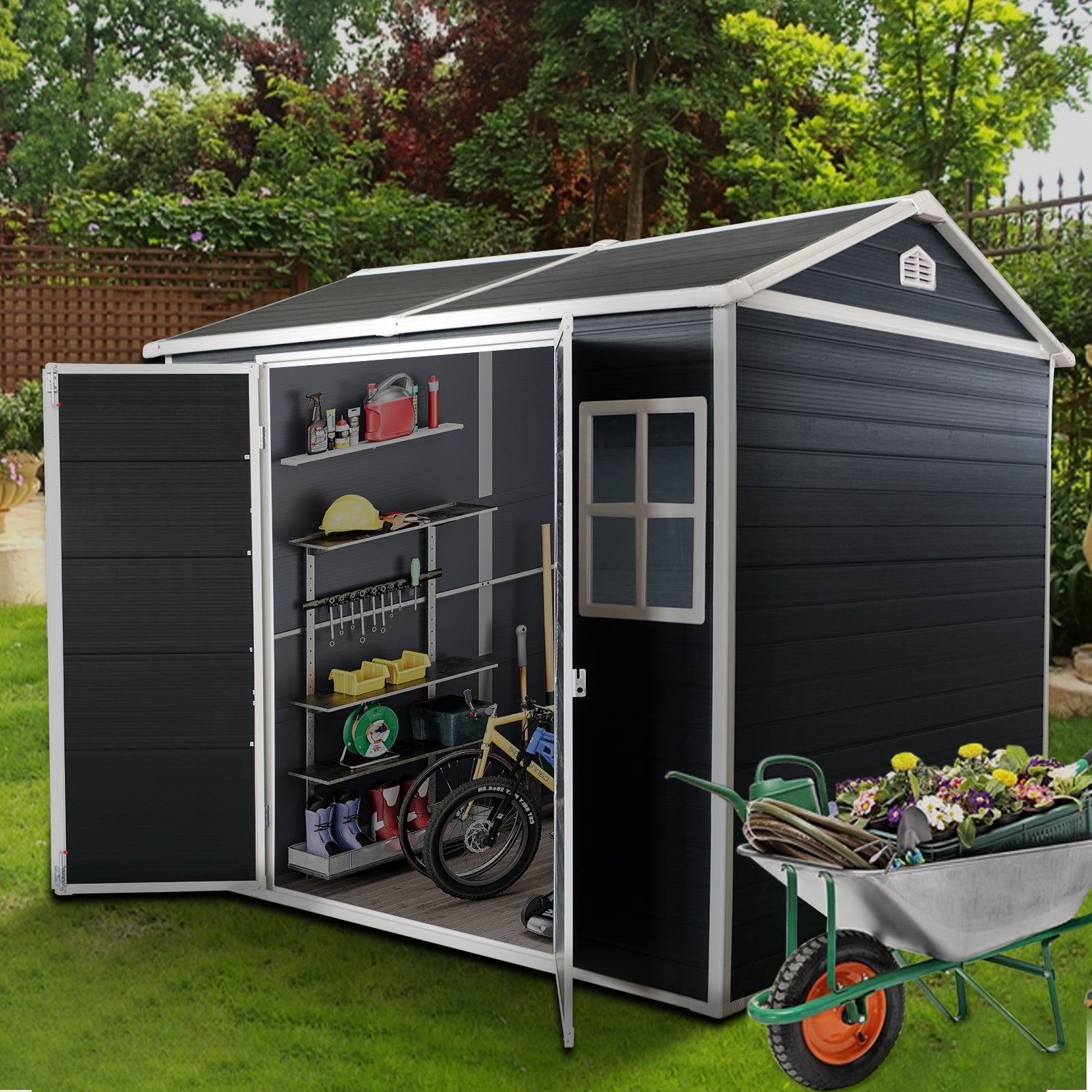 8x4ft Outdoor Resin Garden Shed With Floor And 2 Windows, Plastic Patio Outdoor Storage Shed With Lockable Door For Garden Tools, Bicycles, Trash Cans, Black - Gardenora