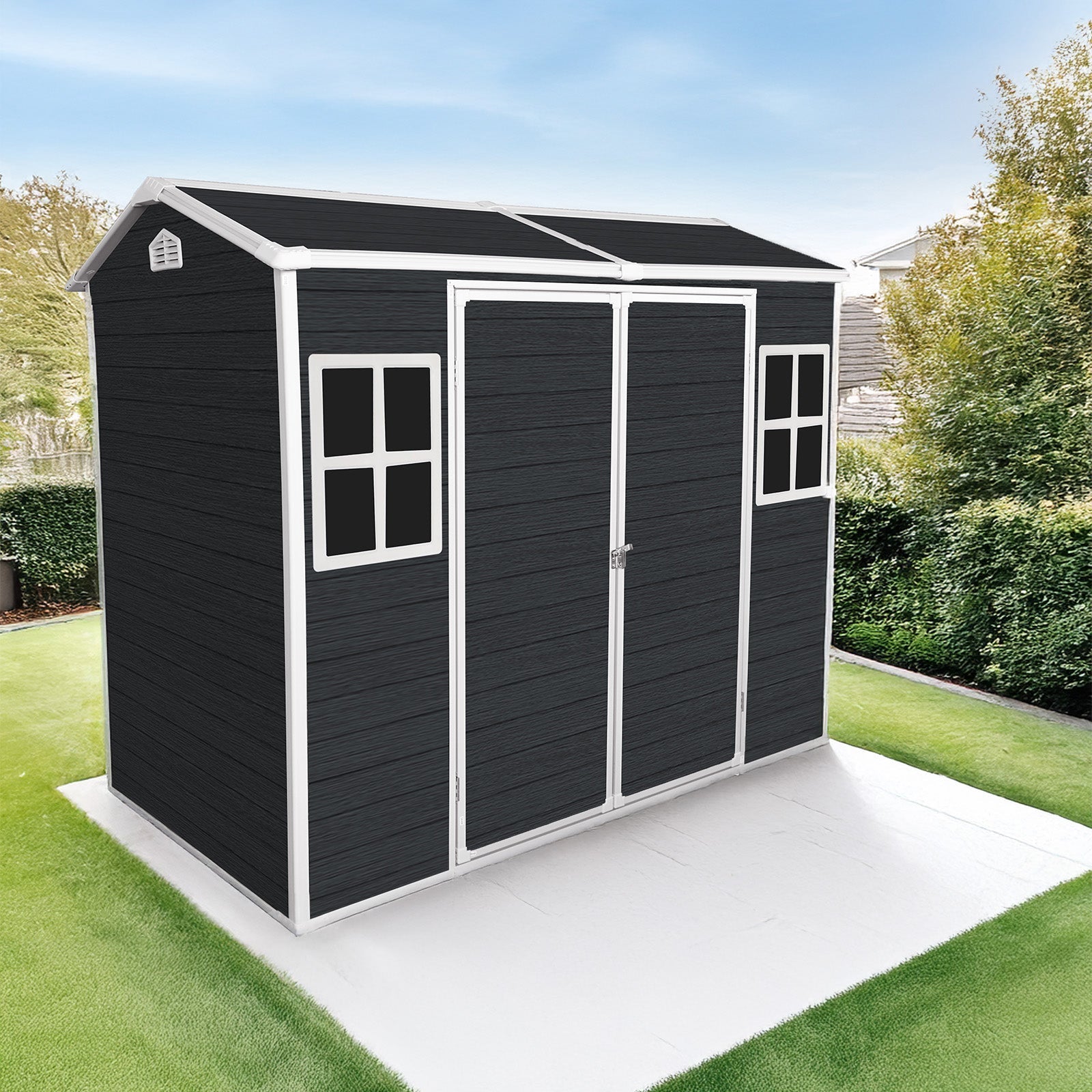 8x4ft Outdoor Resin Garden Shed With Floor And 2 Windows, Plastic Patio Outdoor Storage Shed With Lockable Door For Garden Tools, Bicycles, Trash Cans, Black - Gardenora