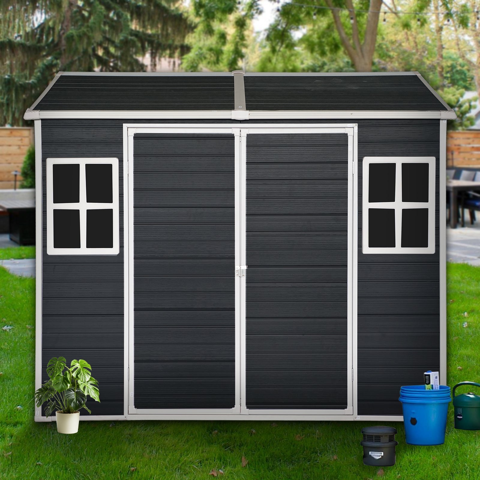 8x4ft Outdoor Resin Garden Shed With Floor And 2 Windows, Plastic Patio Outdoor Storage Shed With Lockable Door For Garden Tools, Bicycles, Trash Cans, Black - Gardenora