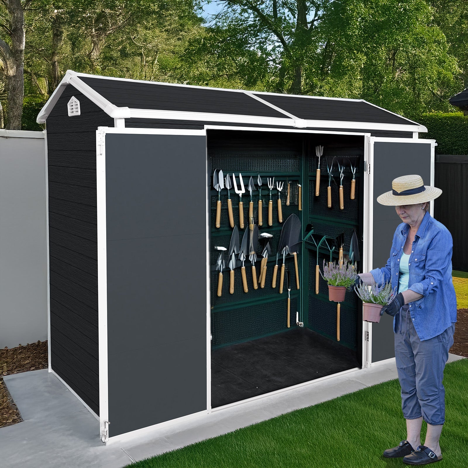 8x4ft Outdoor Resin Garden Shed With Floor And 2 Windows, Plastic Patio Outdoor Storage Shed With Lockable Door For Garden Tools, Bicycles, Trash Cans, Black - Gardenora
