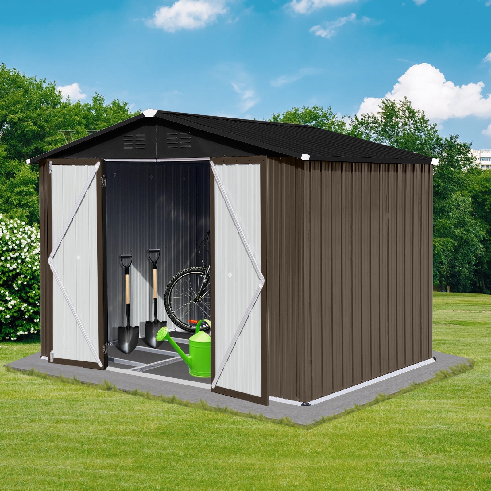 8x6 Ft Metal Garden Sheds Outdoor Storage Sheds Brown Black - Gardenora