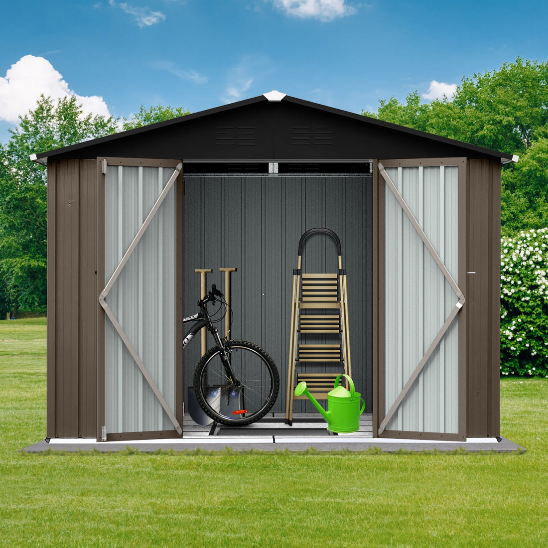 8x6 Ft Metal Garden Sheds Outdoor Storage Sheds Brown Black - Gardenora