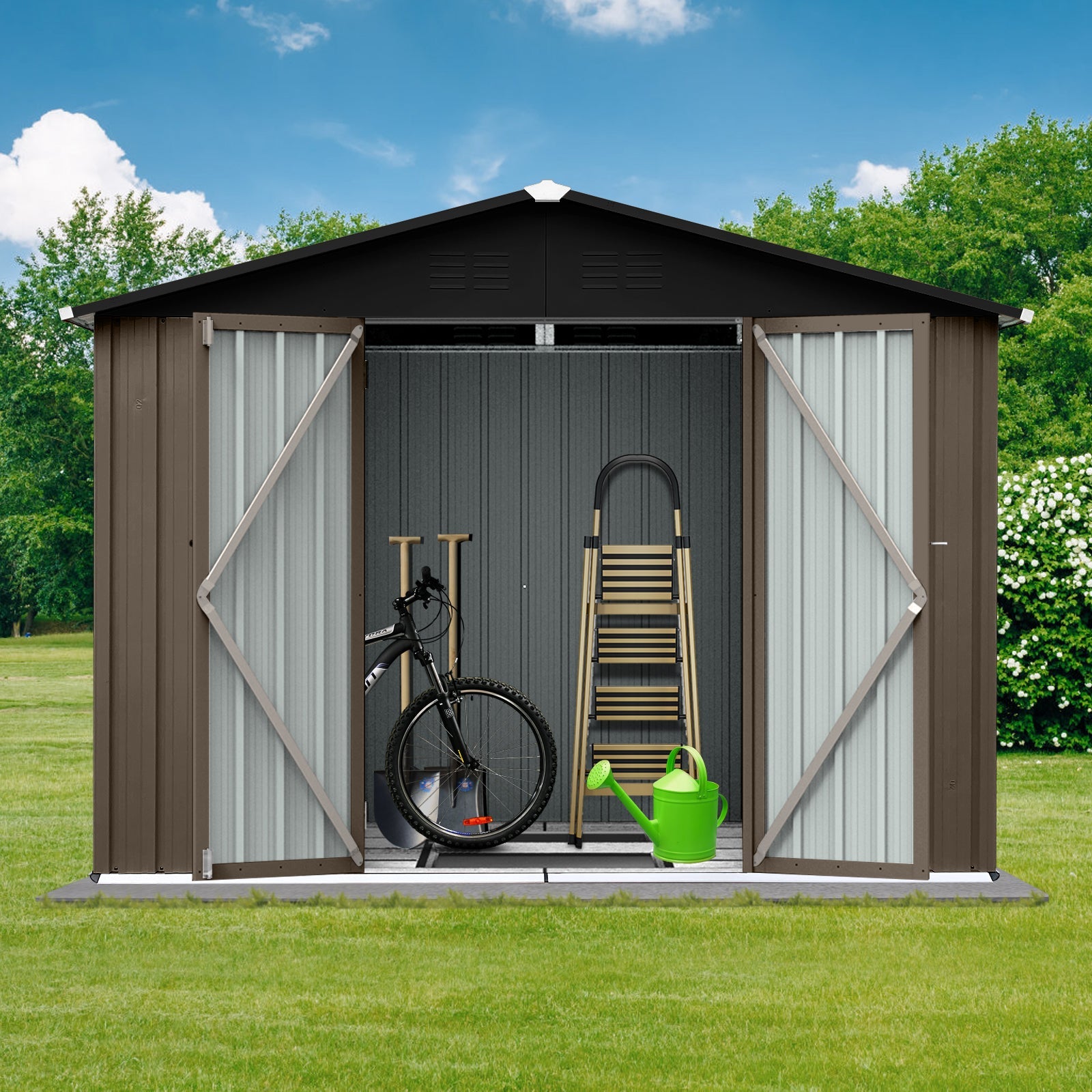 8x6 Ft Metal Garden Sheds Outdoor Storage Sheds Brown Black - Gardenora