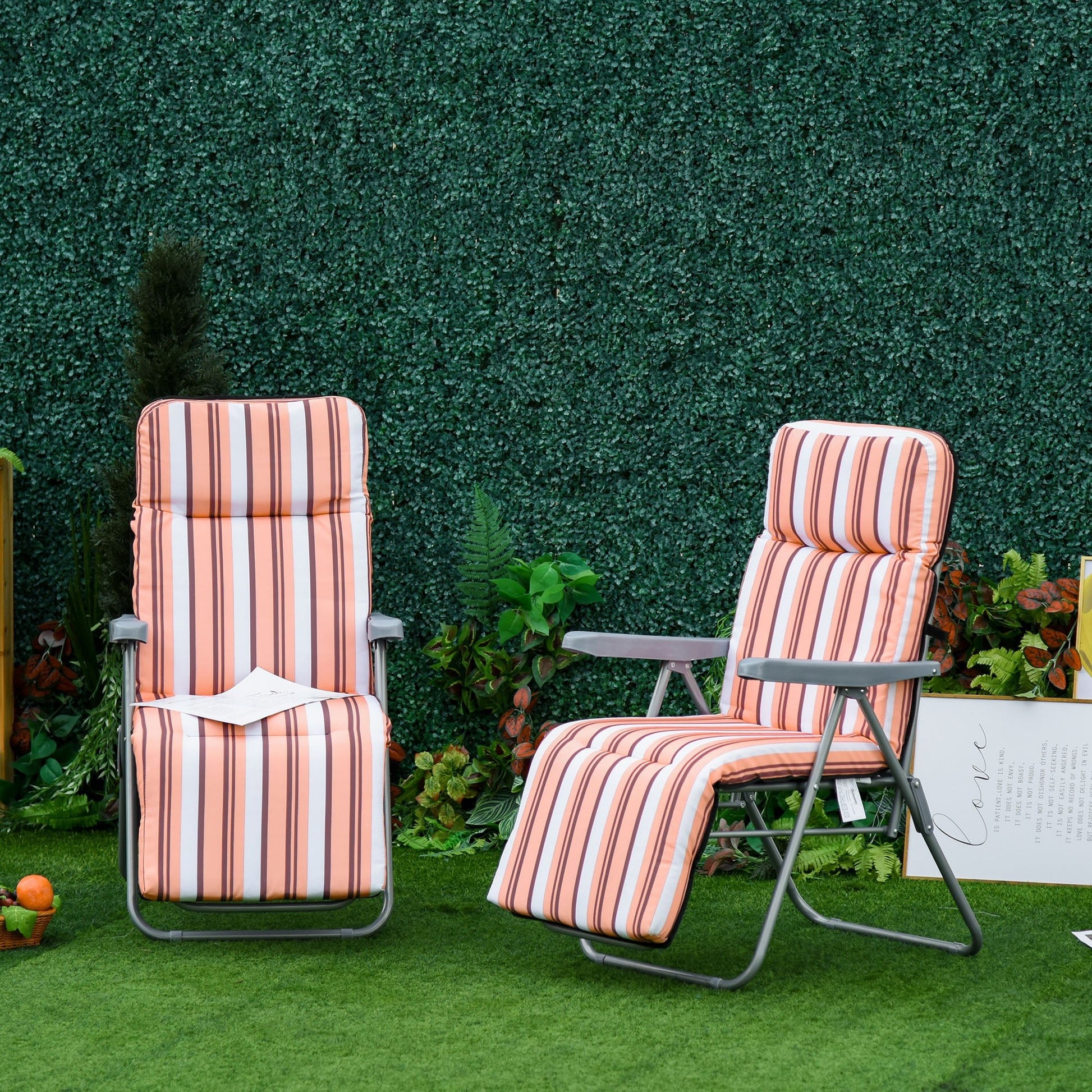 Reclining Garden Chair Set Of 2, 5 - Level Adjustable Zero Gravity Chairs With Cushions, Folding Sun Lounger Garden Recliner Chairs With Armrests For Outdoor, Patio, Orange Stripe - Gardenora