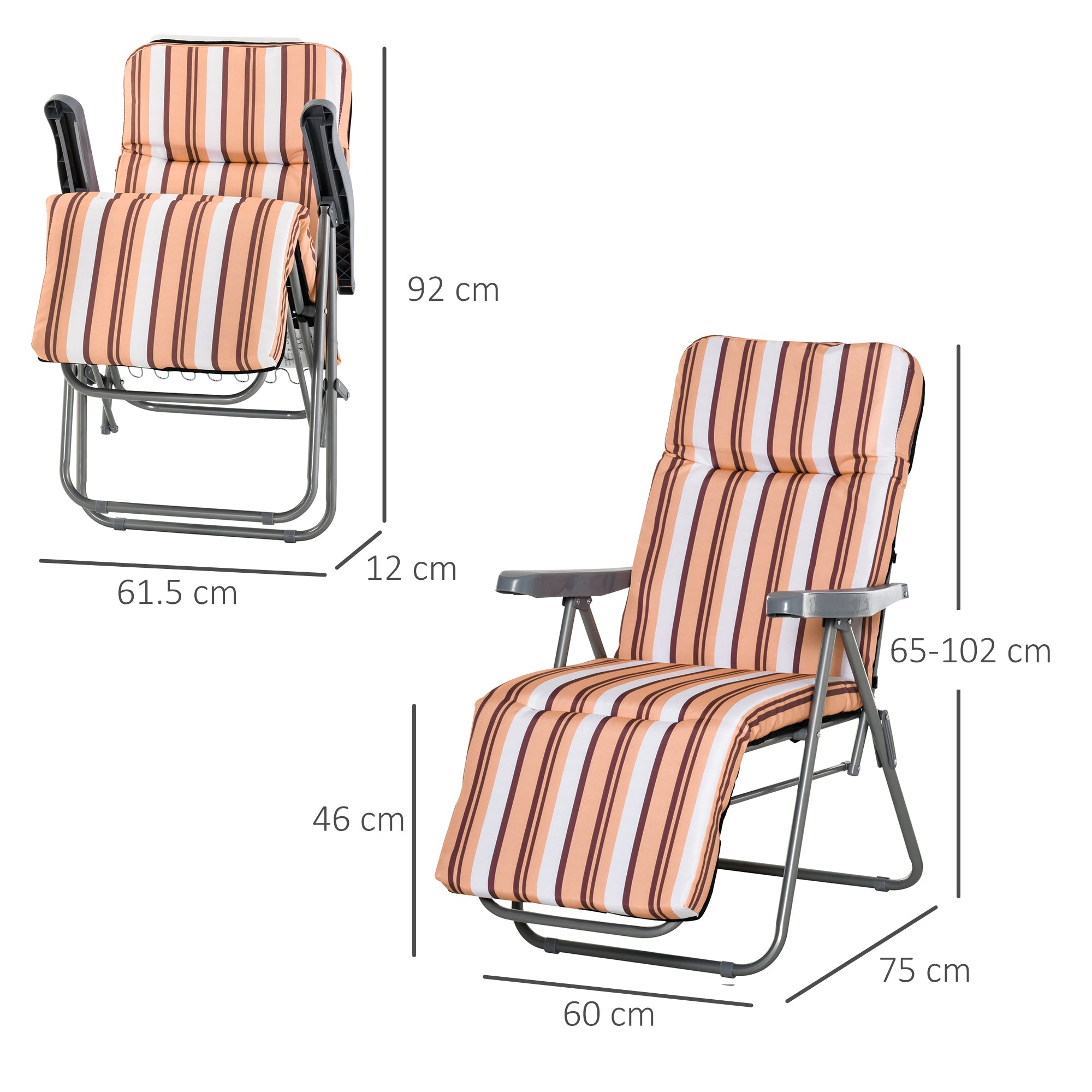 Reclining Garden Chair Set Of 2, 5 - Level Adjustable Zero Gravity Chairs With Cushions, Folding Sun Lounger Garden Recliner Chairs With Armrests For Outdoor, Patio, Orange Stripe - Gardenora