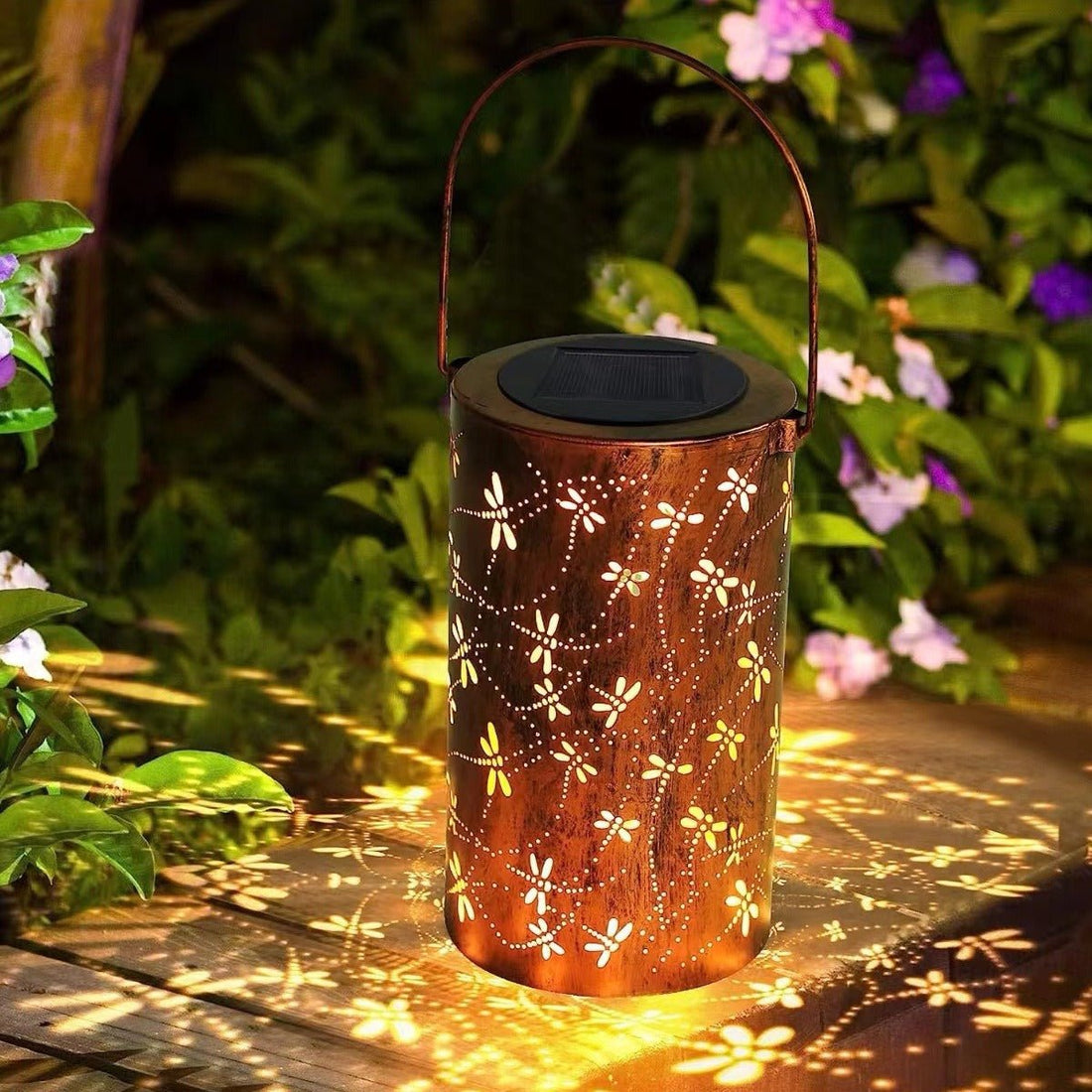 Solar Lantern Outdoor Waterproof Courtyard Decoration Wrought Iron Cylinder Hollow - out Lantern Garden Landscape Decorative Lamp - Gardenora