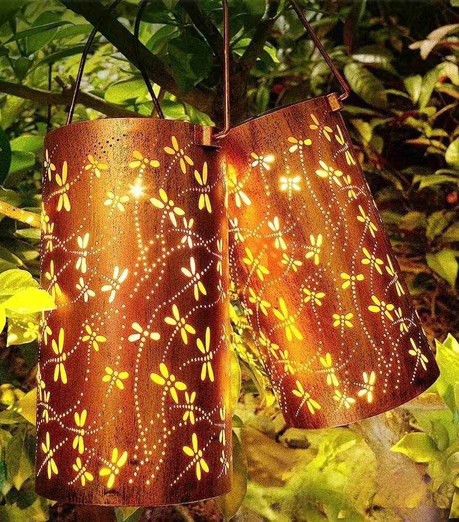 Solar Lantern Outdoor Waterproof Courtyard Decoration Wrought Iron Cylinder Hollow - out Lantern Garden Landscape Decorative Lamp - Gardenora
