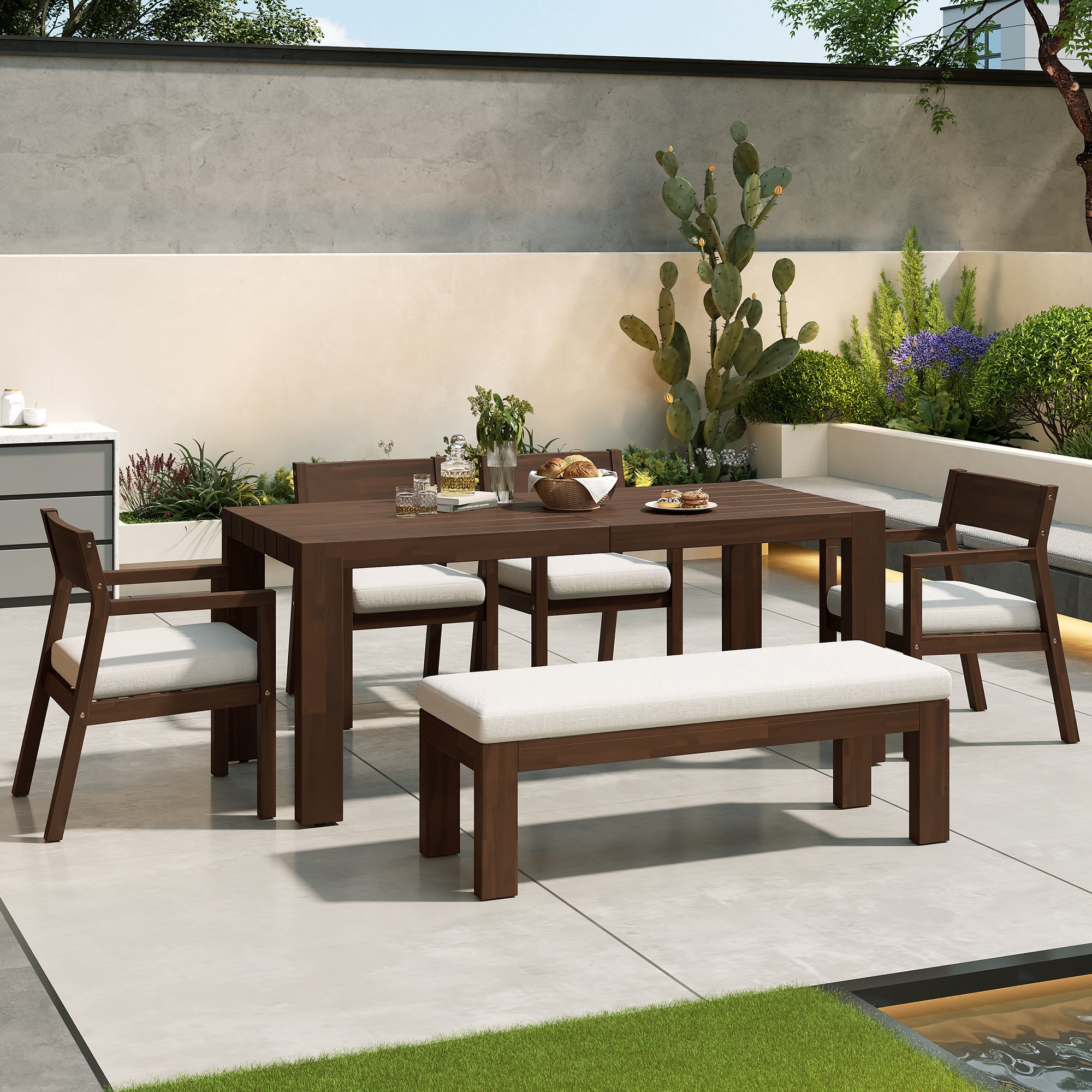 TREXM Patio Dining Table Set For 6 Outdoor Furniture Sets With Umbrella Hole 71 Rectangular Table Chairs And Bench With Removable Cushions For Backyard Garden Poolside Mocha Beige Cushion - Gardenora