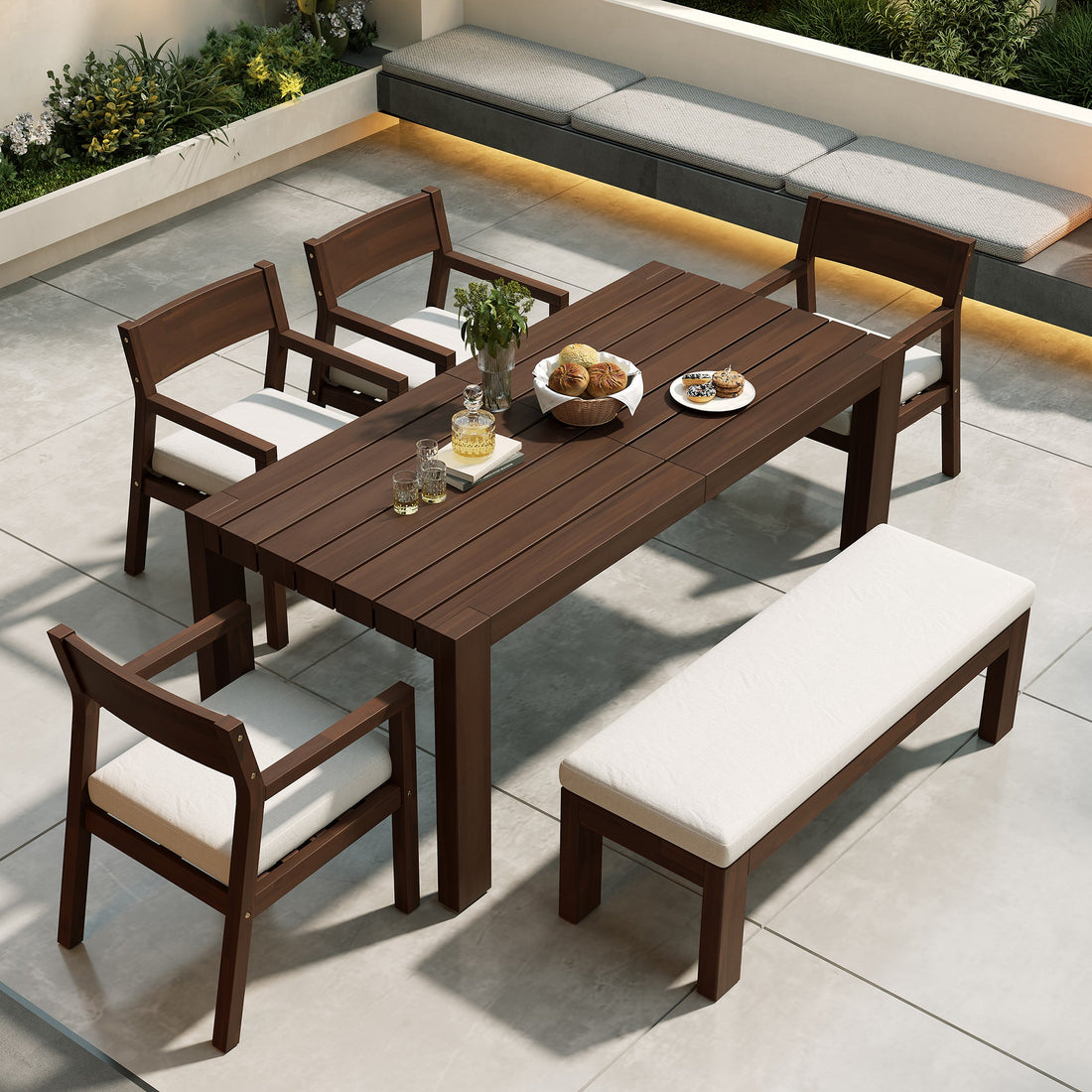 TREXM Patio Dining Table Set For 6 Outdoor Furniture Sets With Umbrella Hole 71 Rectangular Table Chairs And Bench With Removable Cushions For Backyard Garden Poolside Mocha Beige Cushion - Gardenora