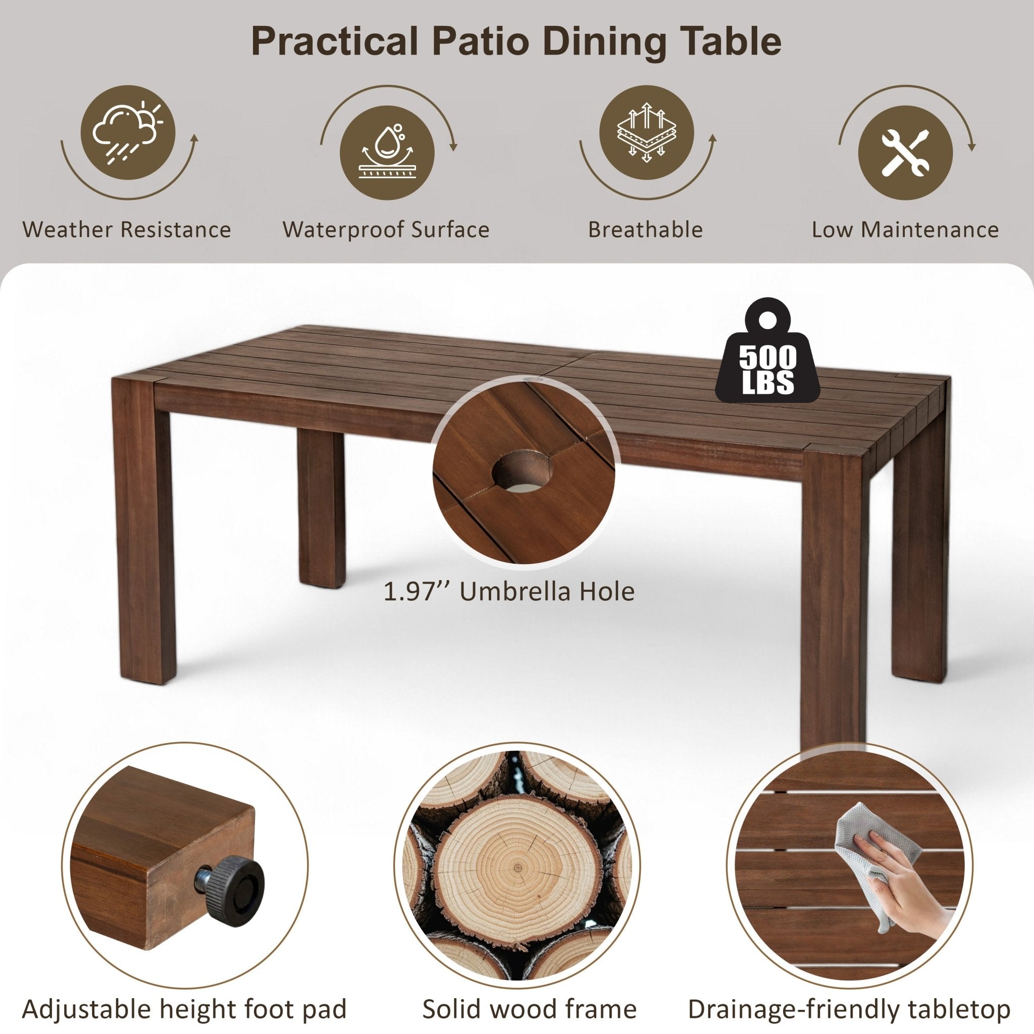 TREXM Patio Dining Table Set For 6 Outdoor Furniture Sets With Umbrella Hole 71 Rectangular Table Chairs And Bench With Removable Cushions For Backyard Garden Poolside Mocha Beige Cushion - Gardenora