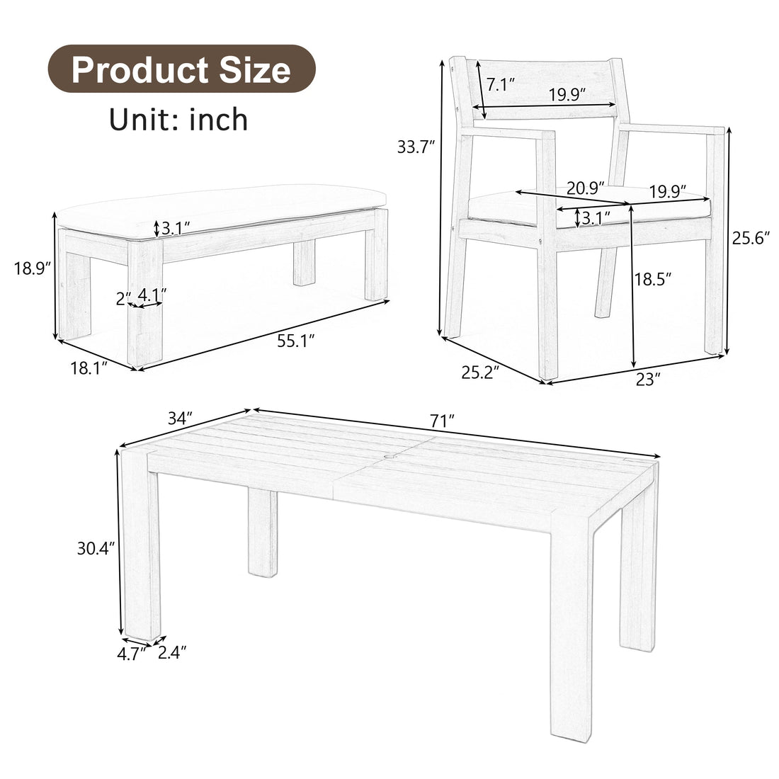 TREXM Patio Dining Table Set For 6 Outdoor Furniture Sets With Umbrella Hole 71 Rectangular Table Chairs And Bench With Removable Cushions For Backyard Garden Poolside Mocha Beige Cushion - Gardenora