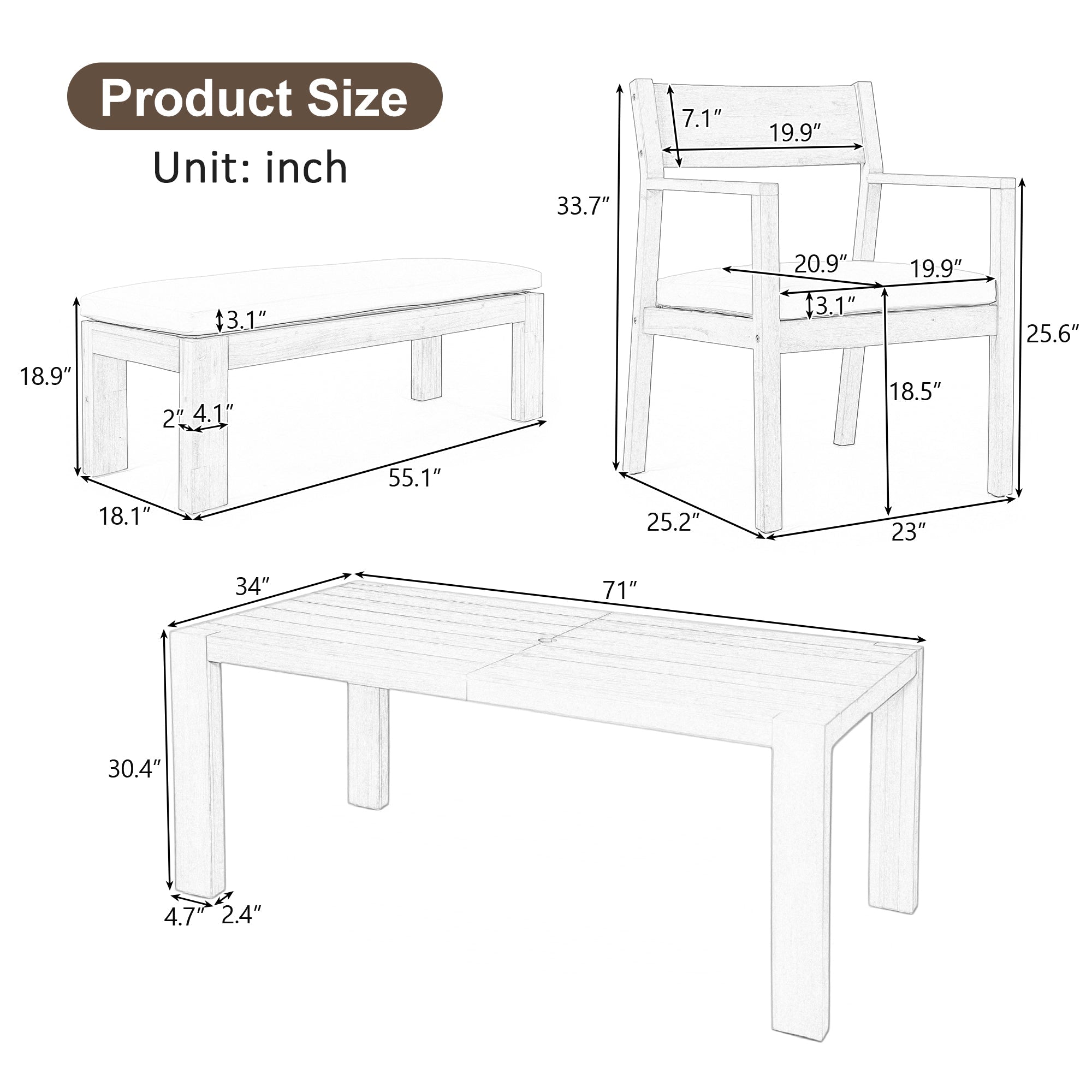 TREXM Patio Dining Table Set For 6 Outdoor Furniture Sets With Umbrella Hole 71 Rectangular Table Chairs And Bench With Removable Cushions For Backyard Garden Poolside Mocha Beige Cushion - Gardenora