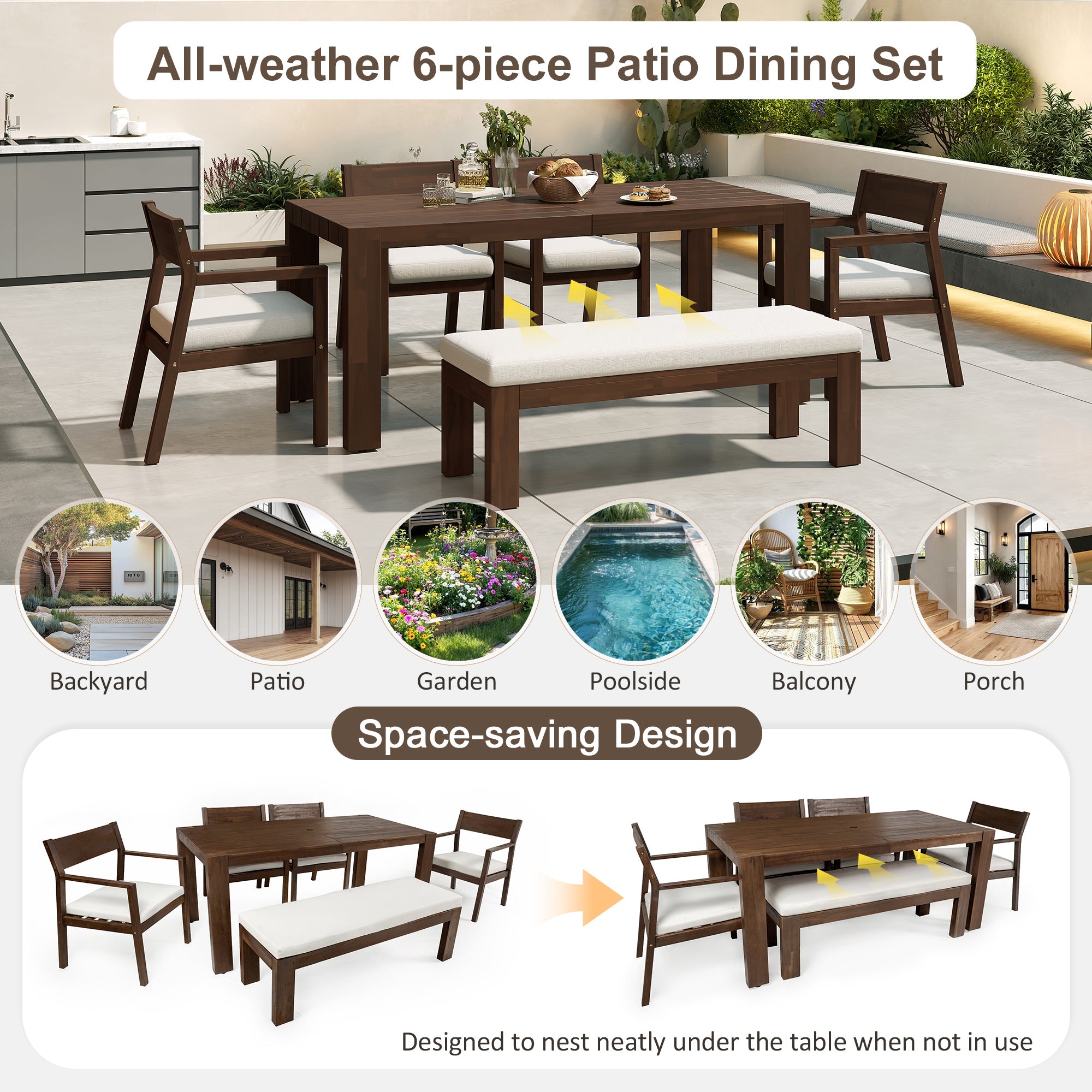 TREXM Patio Dining Table Set For 6 Outdoor Furniture Sets With Umbrella Hole 71 Rectangular Table Chairs And Bench With Removable Cushions For Backyard Garden Poolside Mocha Beige Cushion - Gardenora
